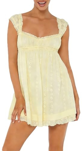 Women's Babydoll Mini Dress Floral Embroidery Summer Sleeveless Loose A Line Flowy Short Sundress for Beach Club Party (Light Yellow, M)