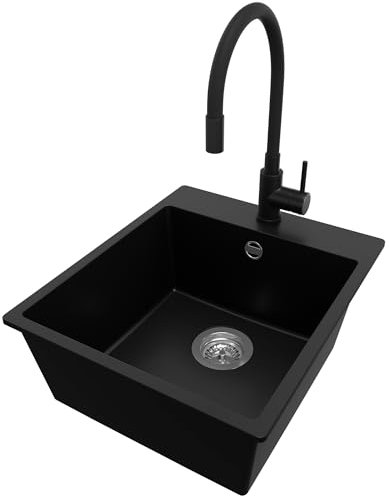 PRIMAGRAN Fregadero Granito Negro 43x50cm, Cocina 1 Seno + Grifo 40x38cm + Sifón, Sobre encimera al mueble 45cm - Riga