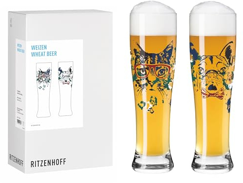 RITZENHOFF 8103001 Weizenbierglas 500 ml - 2er Set, Serie Tierisch glücklich, mit Hund-Katze Motiv bunt