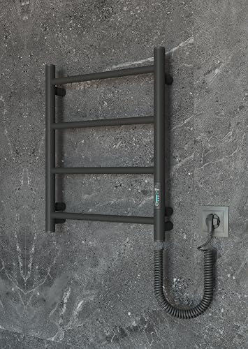 Elna® Scaldasalviette Elettrico Nero Opaco 51x40 cm, 45W - Termosifone Bagno in Acciaio Inox 304 con Termostato & Timer, IP44 - Scaldasalviette a Parete
