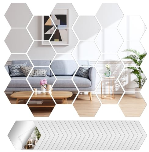 24 Stück Sechseckiger Spiegel Wandaufkleber, Hexagon Spiegel zum Kleben | Acryl Spiegelfliesen Selbstklebend,für Zimmer, Schlafzimmer Aesthetic, Bett, Wall, Living Room, Flur Deko, Wand Dekoration