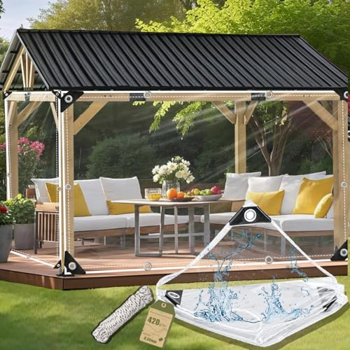 Lona transparente con ojales, impermeable, resistente a desgarros, lona con cuerda, 420 g/m², PVC, cortina para exteriores, para plantas, invernadero, muebles de jardín, 3 x 3 m
