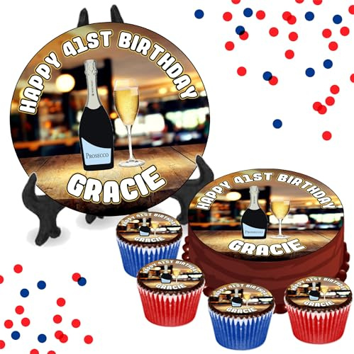 Prosecco PERSONALISED Edible Cupcake Toppers / 8 Inch Cake Wafer or Icing - Adults Birthday Alcohol Drinking Party Decorations - Perfect for Brownies, Cookies, Muffins & More!