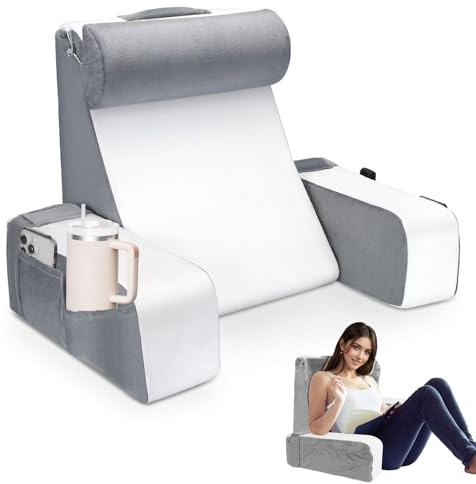Groß lesekissen für Bett und Sofa, Erwachsene Rückenkissen Bett mit Nackenrolle & Armlehnen, Ergonomisches Rückenlehne Kopfkissen mit Tasche & Waschbarem Bezug für Bettruhe, Lesen, Fernsehen (WH)
