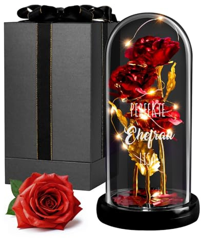 Maverton rote ewige Rose mit LED-Beleuchtung im Glas mit Gravur | Infinity Rose mit Gravur personalisiert, Geschenke für Frauen zum Valentinstag zu Weihnachten, Geburtstagsgeschenk für Frauen