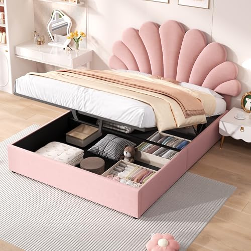 Miyemo Double Bed Frame with Storage, 4ft6 Upholstered Ottoman Bed Frame with Adjustable Headboard & Hydraulic, No Box Spring Needed, Velvet, 135x190cm, Pink, (No Mattress)
