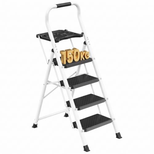 SONGMICS Escabeau en Acier, Marchepied Pliant à 4 Marches, Charge 150 kg | Charge Maximale 150 kg, pour Maison, Bureau, Jardin, 161 x 45,5 x 7,5 cm, Blanc, Collection BRODY GSL204WZ01
