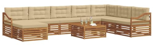 vidaXL Sofagarnituren 9 pcs Natur und Beige Massivholz Akazie, Akazienholz Outdoor-Sofa-Set, modernes Gartenmöbel, Bequeme Liege, modulare Design, Poolbereich geeignet