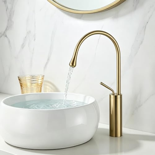 HUAHOMDY Grifo de baño dorado cepillado grifo de baño monomando grifo de lavabo de alta presión mezclador caliente y frío para baño acero inoxidable