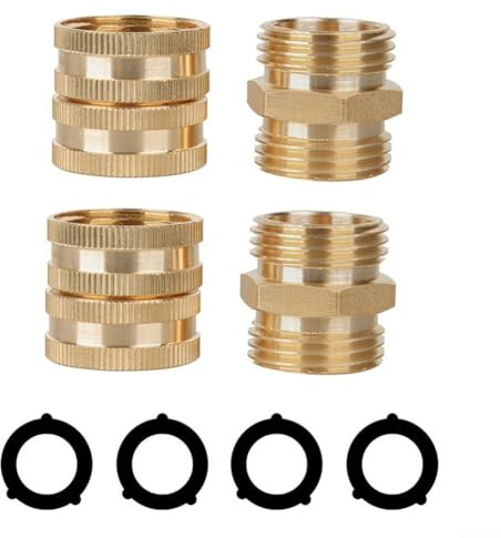 Brass Garden Hose Adapters 4-Pack 3/4 Inch Male-to-Male Plus Male-to-Female Fittings for Standard UK Garden Hoses Leak-Proof Rust-Resistant Swivel Connectors
