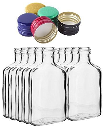 10 Pocket Flask Bottles 200ml with Black Screw caps for Wine, Whisky or Spirits