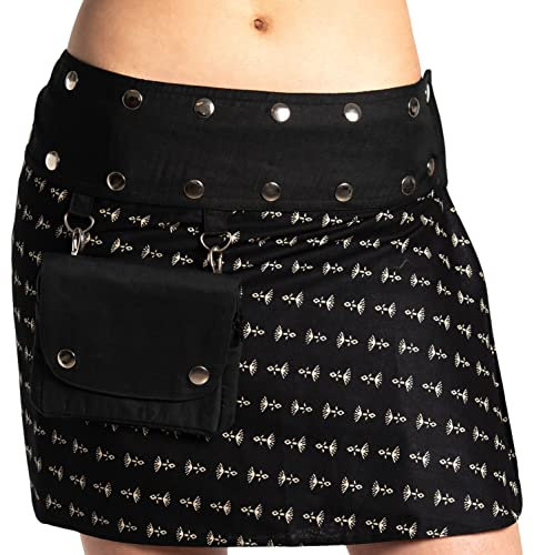 Damen Minirock aus Indien mit Tasche und 2 Mustern zum Wenden, Sommerrock kurz, Wenderock, Wickelrock Goa Gypsy Hüftschmeichler Rock - mit 18 Nieten Druckknöpfen, flexibel, Schwarz