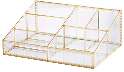 Makeup Organizer Antique Countertop Cosmetic Storage Box Glass Beauty Display, Gold Spin Large Capacity Holder for Brushes Lipsticks Skincare Toner