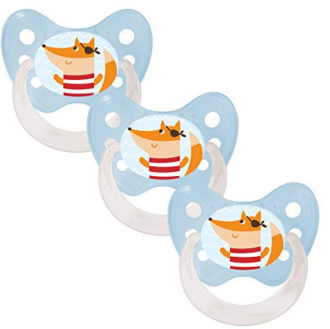dentistar Silikon Schnuller 3er-Set - Größe 2, 6-14 Monate - Zahn- & kieferfreundlicher Nuckel mit Dental-Stufe – BPA-frei – Made in Germany - Fuchs, Hellblau