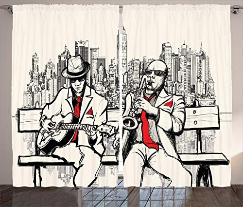 ABAKUHAUS Retro Rustikaler Vorhang, Schläge in New York Nacht, Wohnzimmer Universalband Gardinen mit Schlaufen und Haken, 280 x 245 cm, Rot Schwarz Ecru