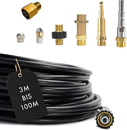 Rohrreinigungsschlauch (8-Teilig) für Kärcher Kränzle NILFISK ALTO WAP HD HDS Anschluss 1/8 AG : M22 x 1,5 IG & Bajonett-Adapter & Adapter KEW & 2x Düsen & Quick Connect & EASY!Lock (15 Meter)