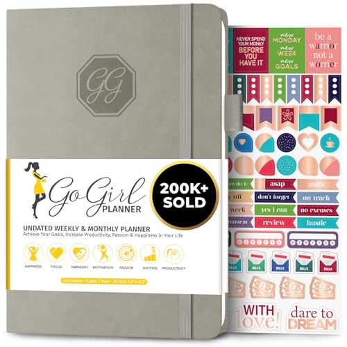 GoGirl Planner for Women, Undated Weekly Agenda Journal, Grey | 14.5 x 21cm in personal & work organizer, weekly, monthly & daily time management, life goal & productivity daily notebook