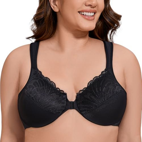 MELENECA Front Fastening Bras for Women Plus Size Underwire Unlined Lace Cup Cushion Strap Black 42E