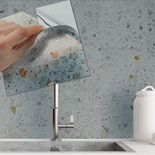 WALPLUS 72 Stück 15x15cm Marmor Terrazzo Metallisch Silber Beige Aluminium Folie Wandfliesen Aufkleber Abziehen und Kleben Backsplash Abziehbilder Startseite Dekore Aufkantung für Küche Badezimmer