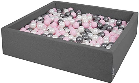 KiddyMoon Piscina di Palline 120X30cm/300 Palline Grande Quadrato per Bambini Fabbricato in EU, Grigio Scuro:Perla/Rosa Chiaro/Argento