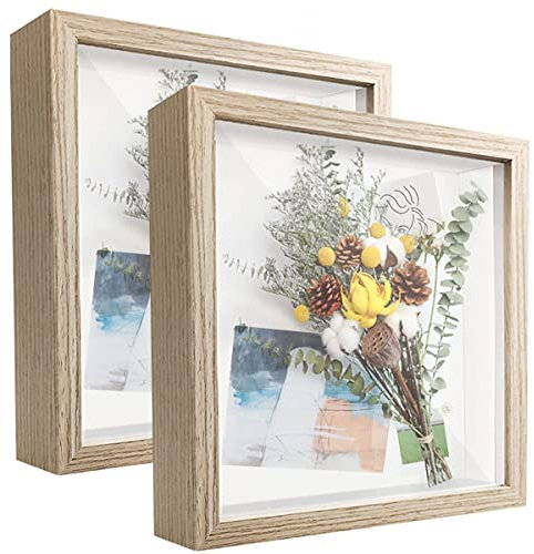 SUNMEG 2Pcs 3D Shadow Box 8x8 Picture Frame Wooden Deep Box Square Photo Frames Desktop or Wall Hanging for Medal, Flower & Crafts Display