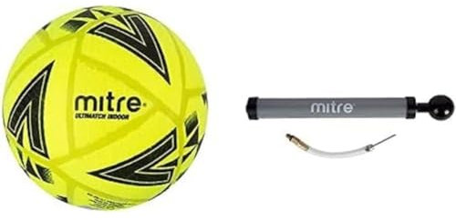 Mitre Ultimatch Indoor Football With Ball Pump, Bright Yellow/Black, Size 4