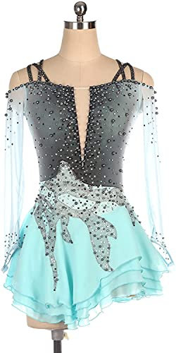 HACSYP Eiskunstlauf Kleider Mädchen Funkelnde Figur Rassonstone Skating -Anzug Langarmes Skating -Kleid Rückenlesstulle Kindermädchen -Mädchenwettbewerbstest (Color : Greyblue, Size : XL)