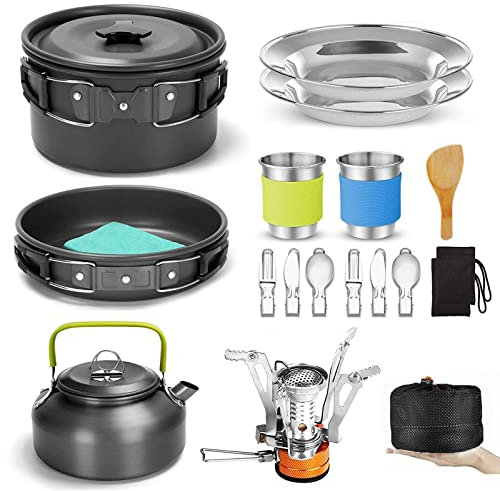 camperig 19-teiliges Camping Kochgeschirr Set, Backpacking Herd, antihaftbeschichtet, leicht, Topf Pfanne mit Camping Koch Set, Tragetasche, Tassen, Teller, Gabeln, Löffel, Messer für Outdoor, Camping