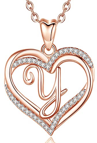 INFUSEU Y Pendentif, Double Coeur Initiale Collier Personnalisé Or Rose Lettre A-Z Bijoux Cubic Zirconia CZ Cadeaux Romantiques Pour Dame Femme Maman