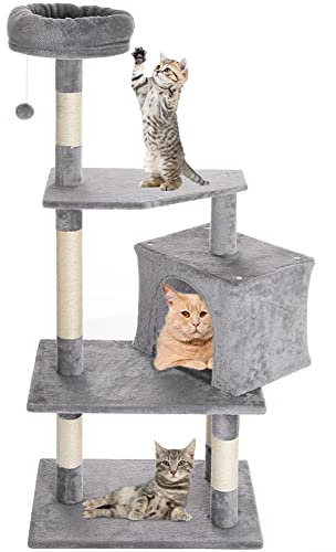 BAKAJI Arbre griffoir - 1 Boule - 1 Niche - Couvertures pour Chats Animaux félins interactif - Anti-Rayures - Stable - Robuste - Arbre grimpant Solide - Couleur Grise