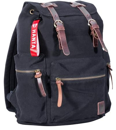 Hanta Nature Rucksack Canvas 20L, Wanderrucksack aus Canvas-Stoff für Outdoor-Ausflüge, Camping, Alltag oder Schule für Damen und Herren mit Lederriemen und Reißverschlüssen - Schwarz