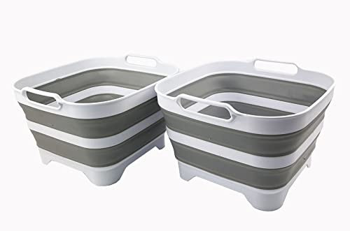 SAMMART 10L Collapsible Dishpan with Draining Plug - Foldable Washing Basin - Portable Dish Washing Tub - Space Saving Kitchen Storage Tray (White/Grey/White (Set of 2))