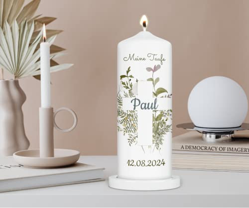 wolga-kreativ moderne Kerze zur Taufe Kommunion Konfirmation Geburt Taufkerze 20 cm x 7 cm Kreuz grüne Blumen Paul für Mädchen Jungen personalisiert Name Datum Taufspruch