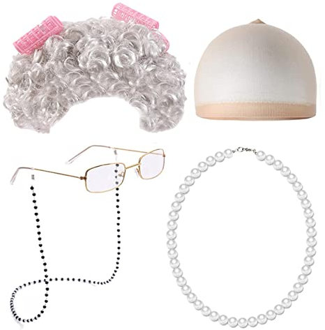 pologmase Alte Damenperücken für Damenkostü | Ausgefallenes Oma-Kostü -Set | Inklusive Oma-Perücke, Brille, Perlenkette, Lockenwickler-Set, 5-TLG
