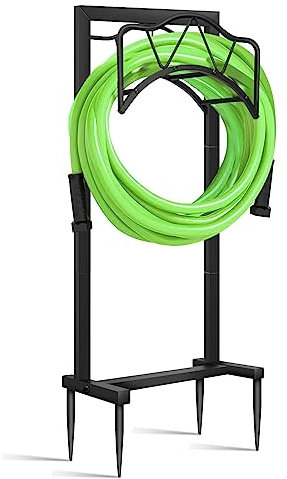 Supporto per tubo da giardino autoportante per esterni, resistente supporto per tubo dell'acqua in metallo con 4 punte, supporto per tubo da 45,7 m, nero