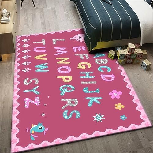 Teppich Für Schlafzimmer Teppich Für Küche Teppich Wohnzimmer Rosa Cartoon Alphabet Muster Teppich Schlafzimmer Langlebig 120X160Cm Bettumrandung Teppich Rosa