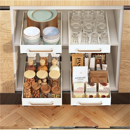 Treesunshine 2 Cajones Extraíbles Estantes de Almacenamiento Cajón Telescópico Organizador Armario de Cocina Cajón Armario Extraíble Organizador Extraíble para Cocina Baño, Blanco