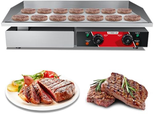 RUYICZB Plancha Eléctrica Pro Plancha De Hierro Fundido, Termostático De 50 A 300 °C, Antisalpicadura, Plancha Barbacoa Acero Inoxidable Superficie Lisa, Protector contra Salpicaduras,4400w
