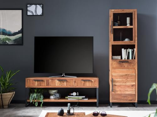 Woodkings Wohnzimmer Set Sydney | TV-Bank 137cm und Vitrine 50cm | Wohnwand aus Massivholz Akazie | Moderne schrankwand für Wohnzimmer | Stauraum & Design