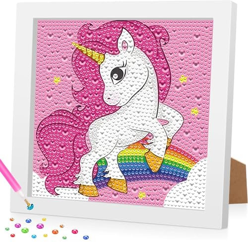 Daisen Art Einhorn Diamond Painting Kinder with Frame,5D Einhorn Damond Painting für Kinder Mädchen,Diamant Painting Bilder Kinder for Gift Home Wall Decor 18x18 cm