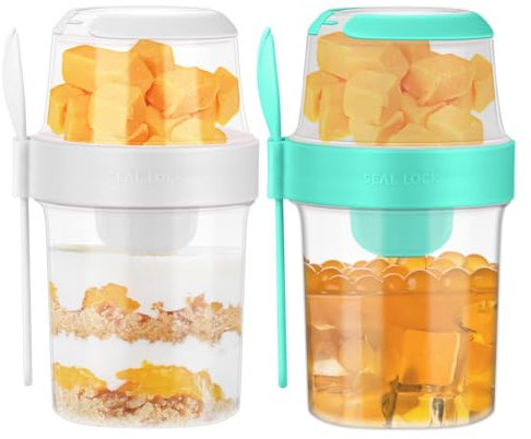 2Pcs Overnight Oats Container, 870ML Yogurt Pots Reusable Salad Cups with Lid Spoon Breakfast Jar Breakfast Pot Muesli Cup for Salads Fruit Cereal Milk Porridge (Green + White)