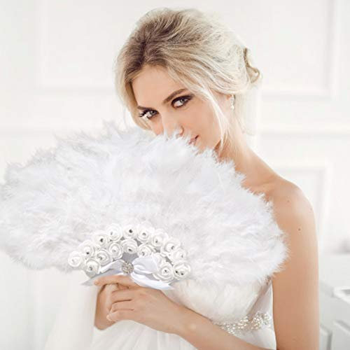 White Feather Fan - Handheld Folding Wedding Fan for Dancing, Costume Party Favors, Bridal Party Decoration and Photoshoot Accessories