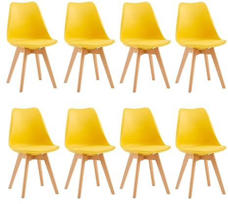 EGGREE 8er Set Esszimmerstühle mit Massivholz Buche Bein SGS Geprüfter, Retro Design Gepolsterter lStuhl Küchenstuhl Holz,Gelb