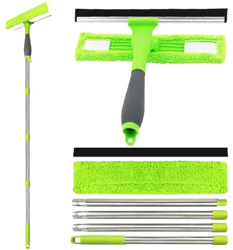Equipo de limpieza de ventanas 2 en 1, kit de limpieza extensible de poste de 1,7 m, herramienta de limpieza de vidrio, con paño de microfibra de repuesto y tiras de escobilla de goma, tipo