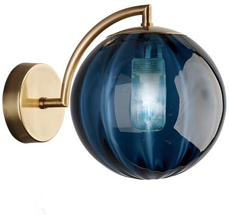 KCO Applique murale vintage en verre bleu brossé doré brossé moderne du milieu du siècle Applique murale ronde pour chambre à coucher, salle de bain, couloir