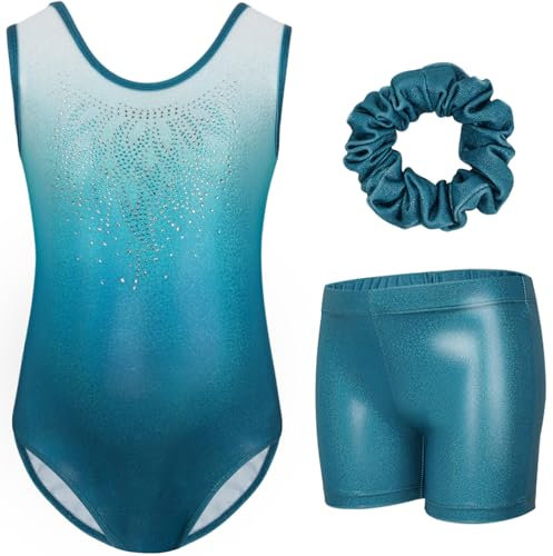 Gogokids - Set da ginnastica da bambina, 3 pezzi, senza maniche, body senza maniche con pantaloncini e fascia per capelli, per ginnastica, danza, con brillantini, per bambine di 3-12 anni, Colore