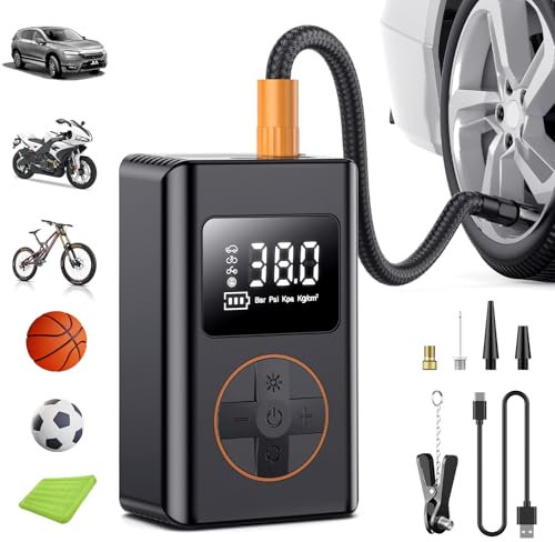 Elektrische Luftpumpe Tragbare Fahrradpumpe 150PSI mit 6000mAh Akku Kompressor Klein Luftpumpe Elektrische Reifenpumpe mit Digitale Anzeige LED Licht 5 Modi für Auto Fahrrad Motorrad Bälle