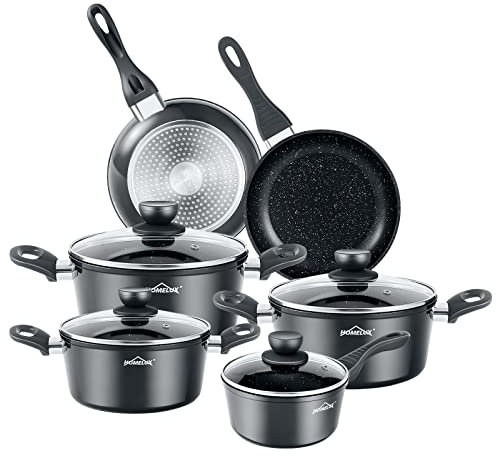 Topfset HOMELUX 10tlg Induktions Töpfe Set,Aluminiumguss Kochtopfset,Antihaftbeschichtung Pfannenset,Töpfe Set mit Deckel,PFOA frei Topfset Induktion für Induktion alle Herde,Grau