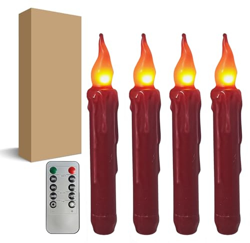 Dark Red Flameless Short Taper Candles, Real Wax Hand Dipped LED Battery Operated with Remote, Flickering Flame Lights for Festival Home Décor, 6.7 Inch Primitive Flameless Candles, 4PCS