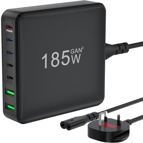 USB C Charger, 185W 7 Port USB Charging Station Hub, GaN Charger, USB Charging Station, Fast Charger Compatible with iPhone 16/15/14/ MacBook Pro/Air Steam Deck Dell XPS Galaxy